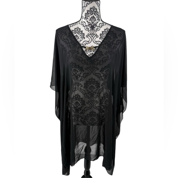 Moss Rose Black Sheer Kimono Cover-Up with Gold Detail One Size Beach Shawl - Picture 3 of 9